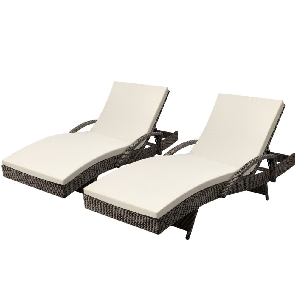 Gardeon 2PC Sun Lounge Wicker Lounger Outdoor Furniture Beach Chair Adjustable Cushion Grey&Beige-0