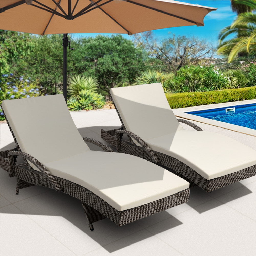 Gardeon 2PC Sun Lounge Wicker Lounger Outdoor Furniture Beach Chair Adjustable Cushion Grey&Beige-7