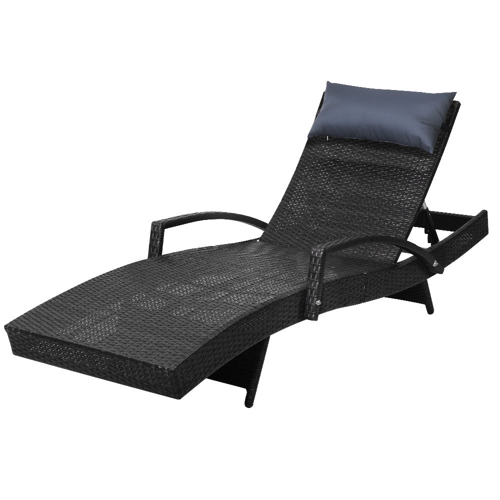 Gardeon Sun Lounge Wicker Lounger Outdoor Furniture Beach Chair Armrest Adjustable Black-0