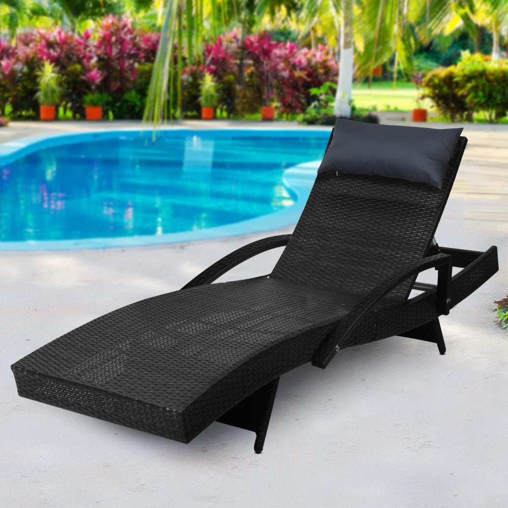 Gardeon Sun Lounge Wicker Lounger Outdoor Furniture Beach Chair Armrest Adjustable Black-7