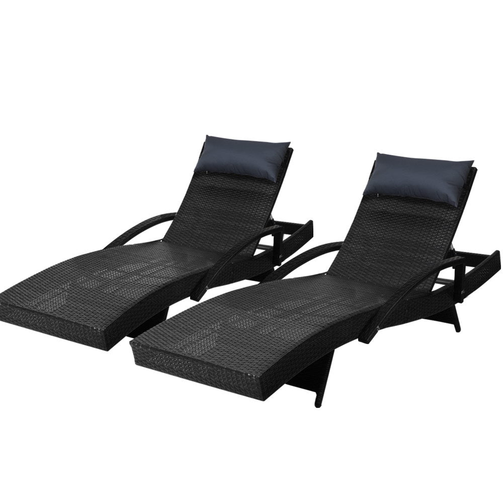 Gardeon 2x Sun Lounge Wicker Lounger Outdoor Furniture Beach Chair Armrest Adjustable Black-0