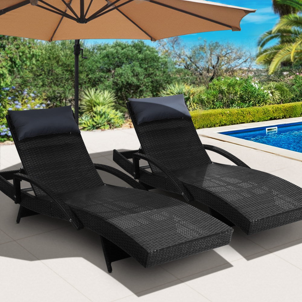 Gardeon 2x Sun Lounge Wicker Lounger Outdoor Furniture Beach Chair Armrest Adjustable Black-7