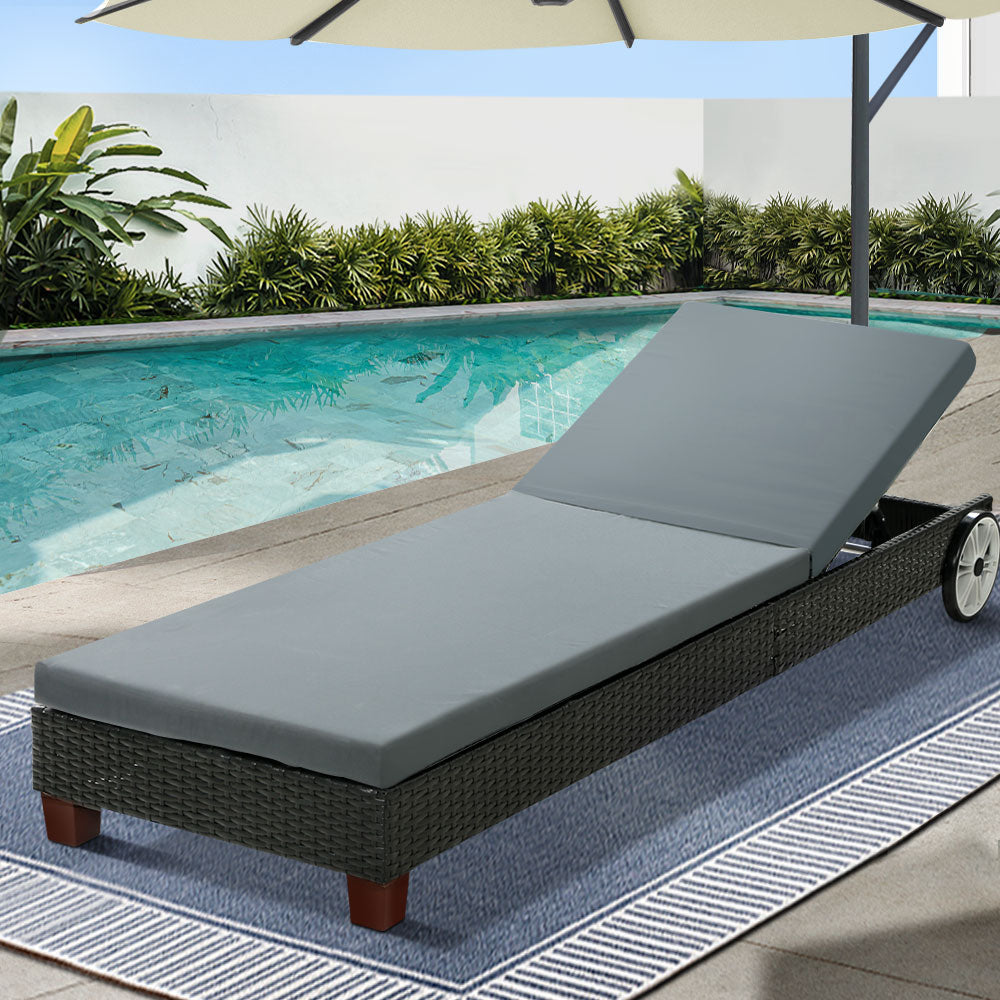 Gardeon Sun Lounge Wicker Lounger Outdoor Furniture Day Bed Wheels Patio Black-6