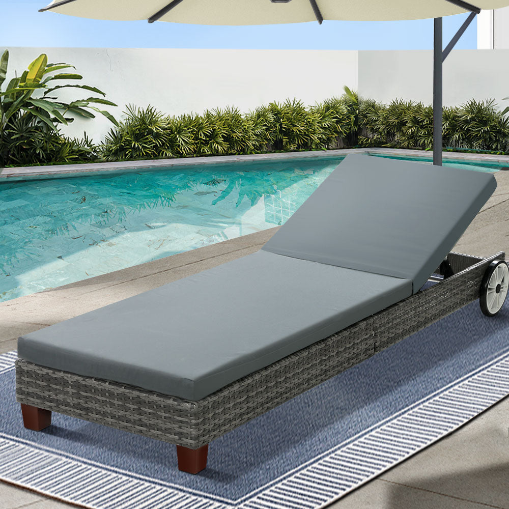 Gardeon Sun Lounge Wicker Lounger Outdoor Furniture Day Bed Wheels Patio Grey-6