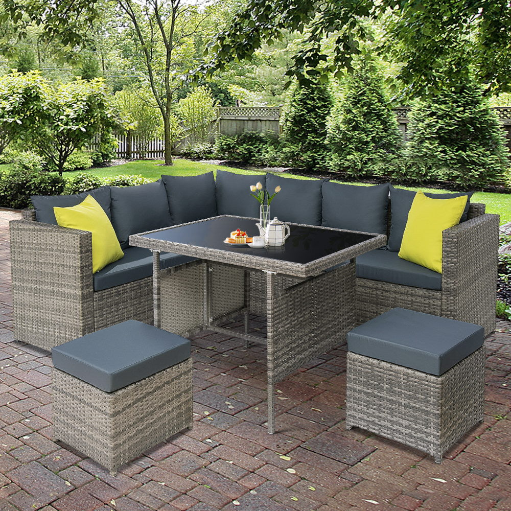 Gardeon Outdoor Dining Set Aluminum Table Chairs Wicker Setting Grey-7