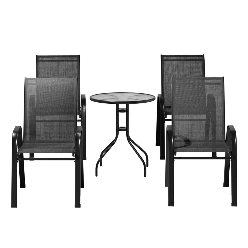 Gardeon 5PC Bistro Set Outdoor Table and Chairs Stackable Outdoor Furniture Black-2