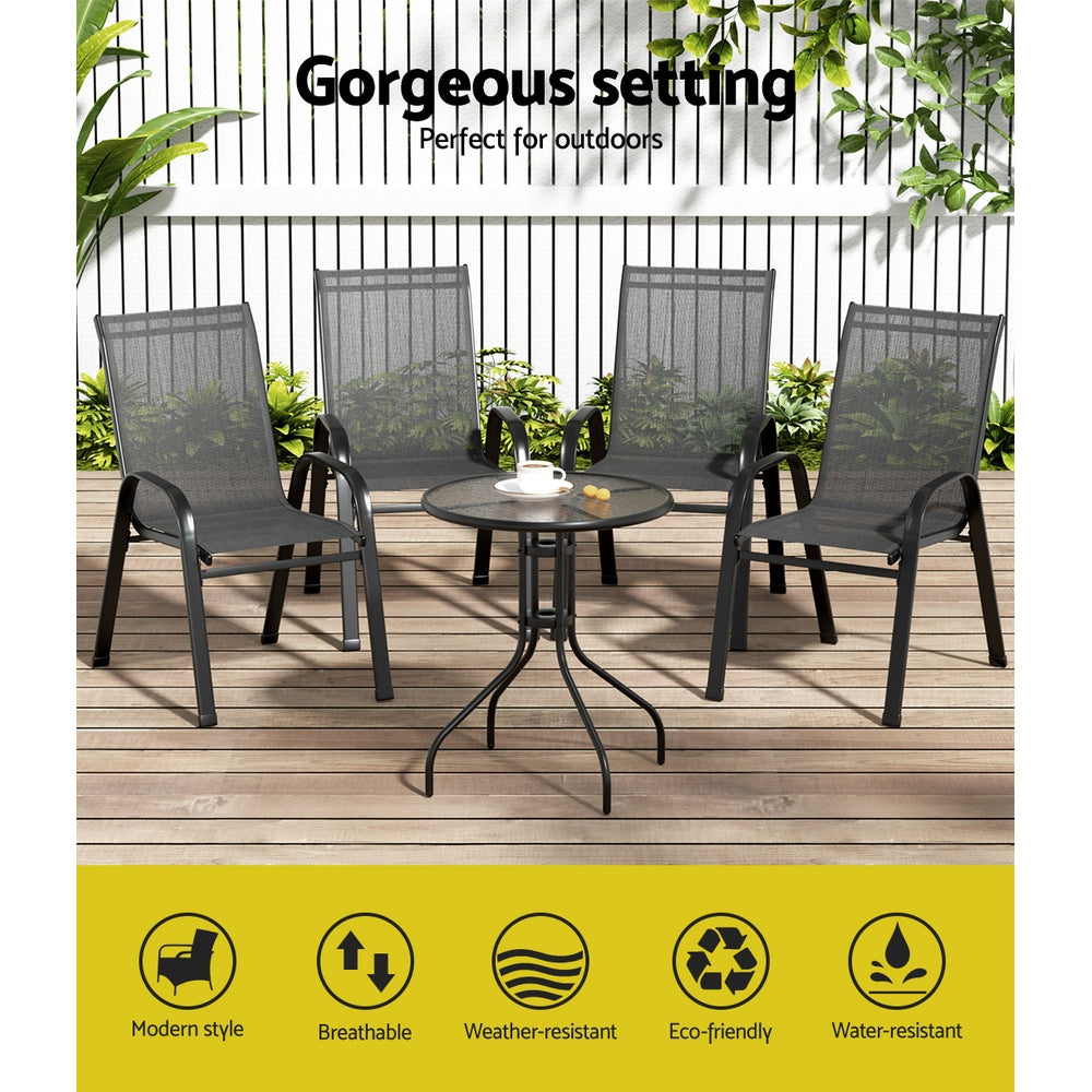 Gardeon 5PC Bistro Set Outdoor Table and Chairs Stackable Outdoor Furniture Black-3