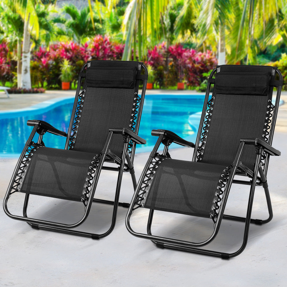 Gardeon 2PC Zero Gravity Chair Folding Outdoor Recliner Adjustable Sun Lounge Camping Black-7