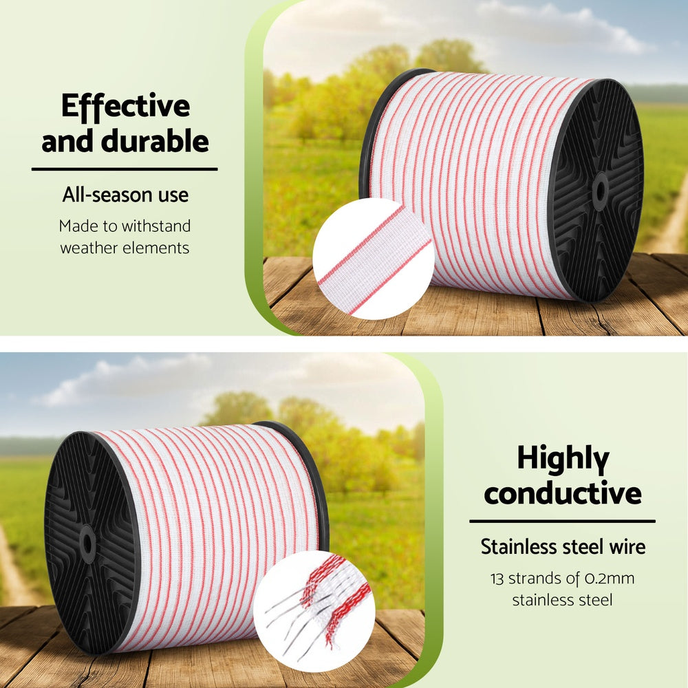 Giantz Electric Fence Tape Polytape 400M Electric Fence Wire Red White-4