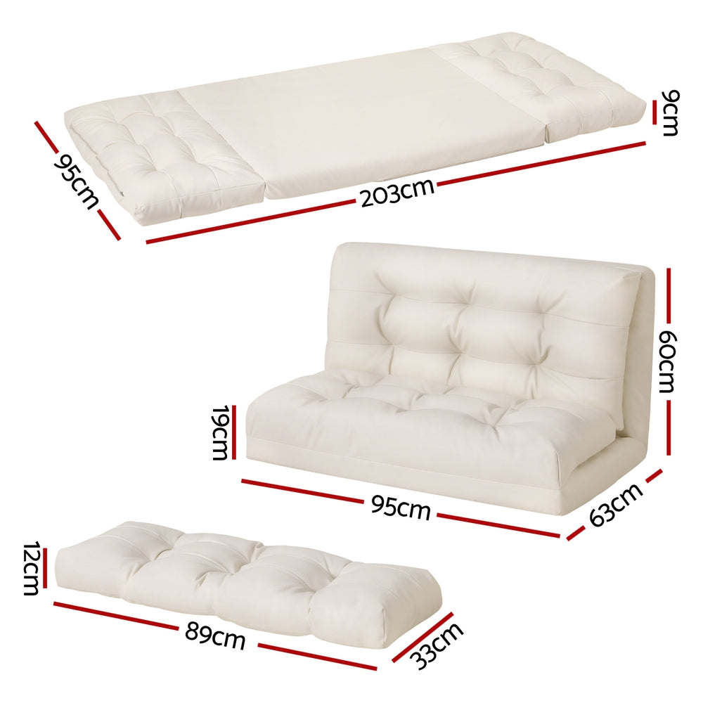 Artiss Floor Lounge Sofa Bed 2 Seater Pillow Leather White-1