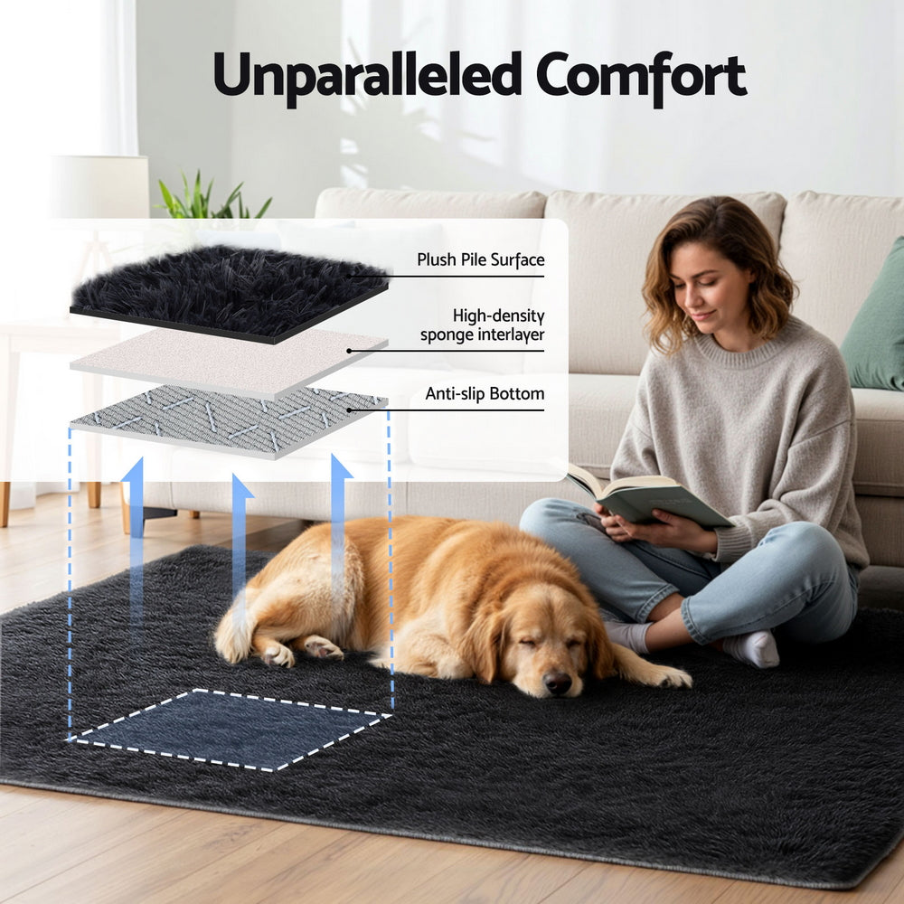 Artiss Floor Rug 140x200cm Plush Area Shaggy Rug Living Room Bedroom Carpet Black-3