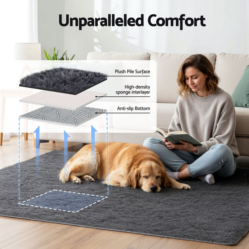 Artiss Floor Rug 140x200cm Plush Area Shaggy Rug Living Room Bedroom Carpet Grey-3