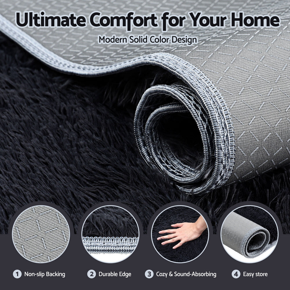 Artiss Floor Rug 160x230cm Plush Area Shaggy Rug Living Room Bedroom Carpet Black-4