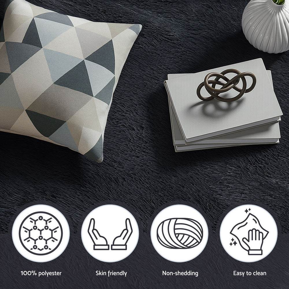 Artiss Floor Rug 160x230cm Plush Area Shaggy Rug Living Room Bedroom Carpet Black-5