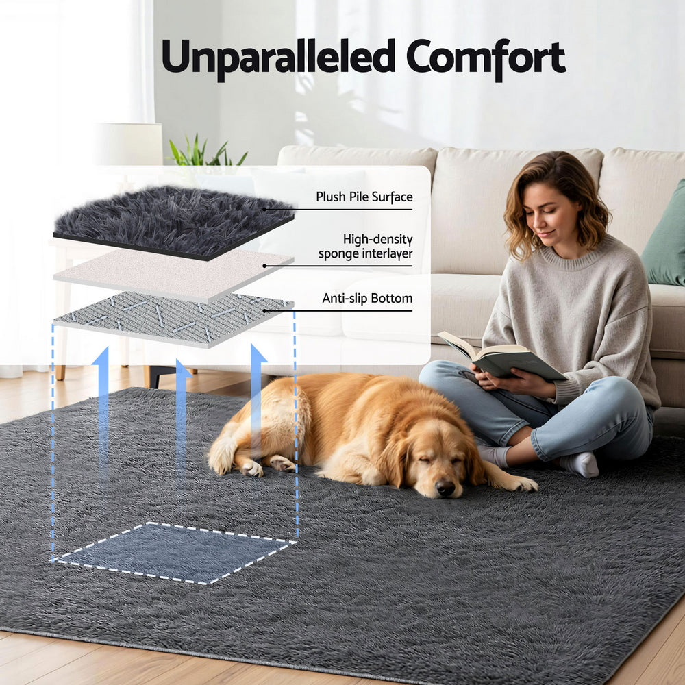 Artiss Floor Rug 200x230cm Plush Area Shaggy Rug Living Room Bedroom Carpet Grey-3