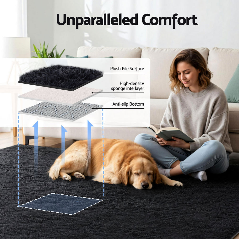 Artiss Floor Rug 200x290cm Plush Area Shaggy Rug Living Room Bedroom Carpet Black-3
