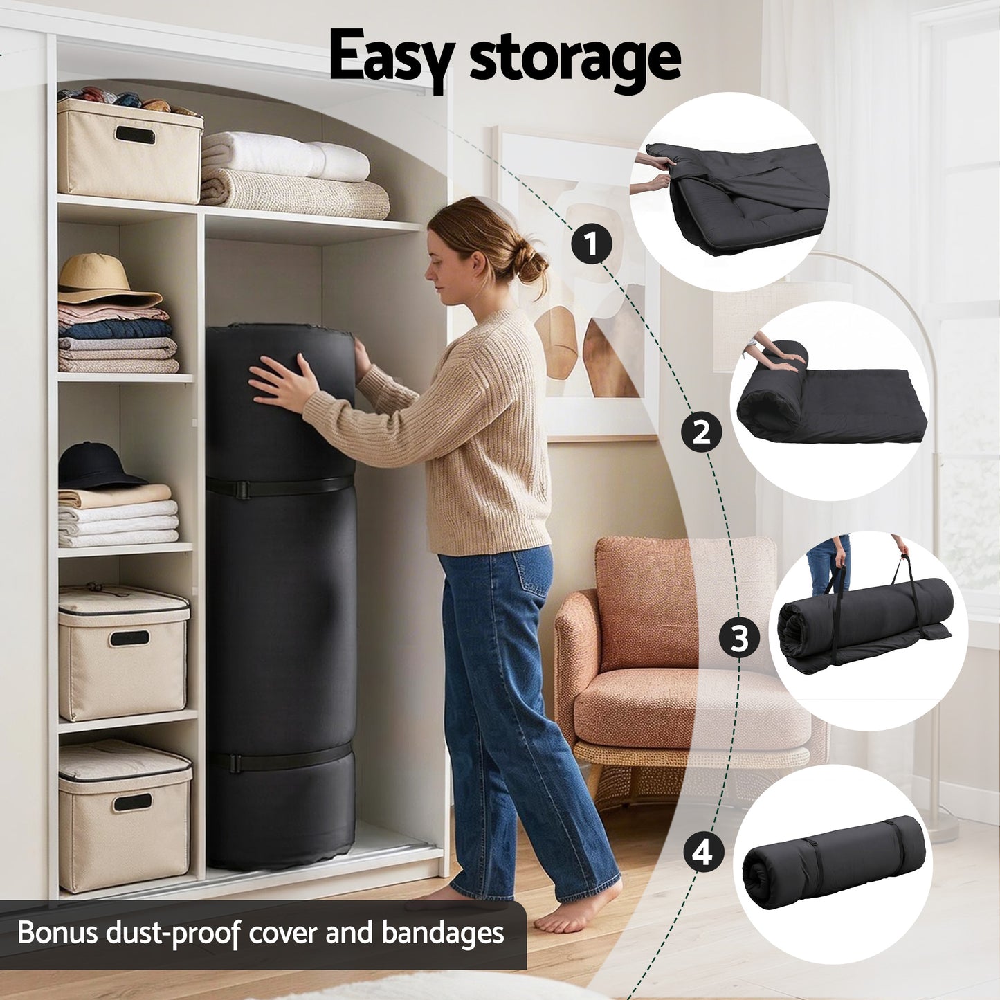 Giselle Bedding 10cm Japanese Floor Mattress Foldable Futon Mattress Washable Cover Straps