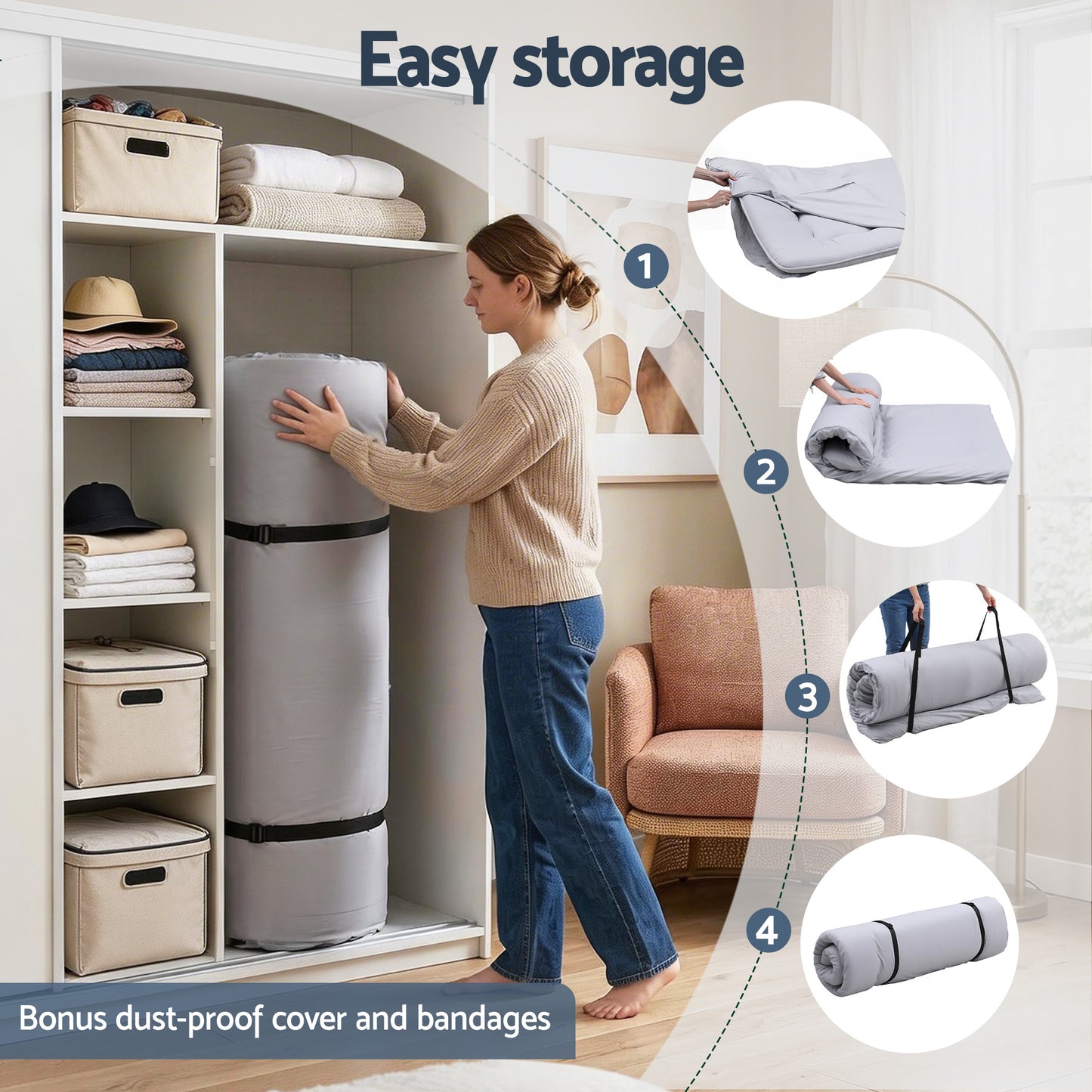 Giselle Bedding 10cm Japanese Floor Mattress Foldable Futon Mattress Washable Cover Straps