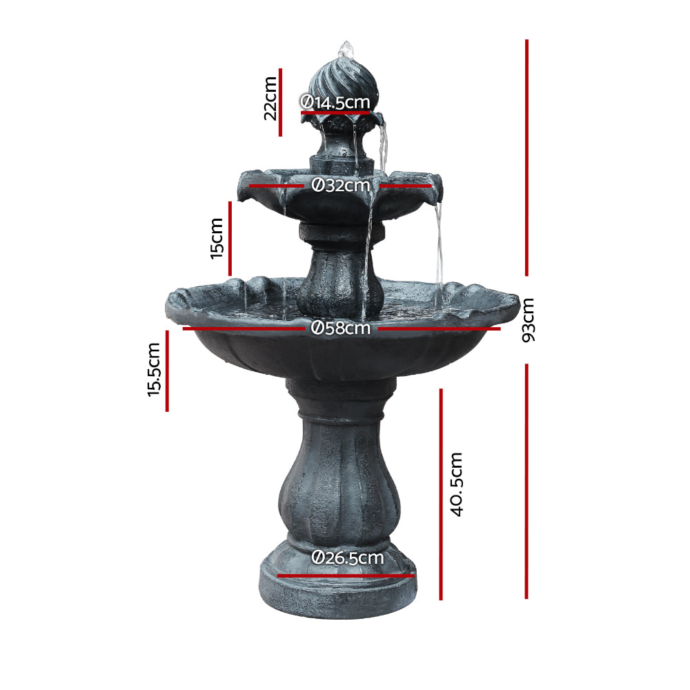 Gardeon Solar Water Feature 3-Tier Fountain with Pump Kit Bird Bath 93CM Black-1