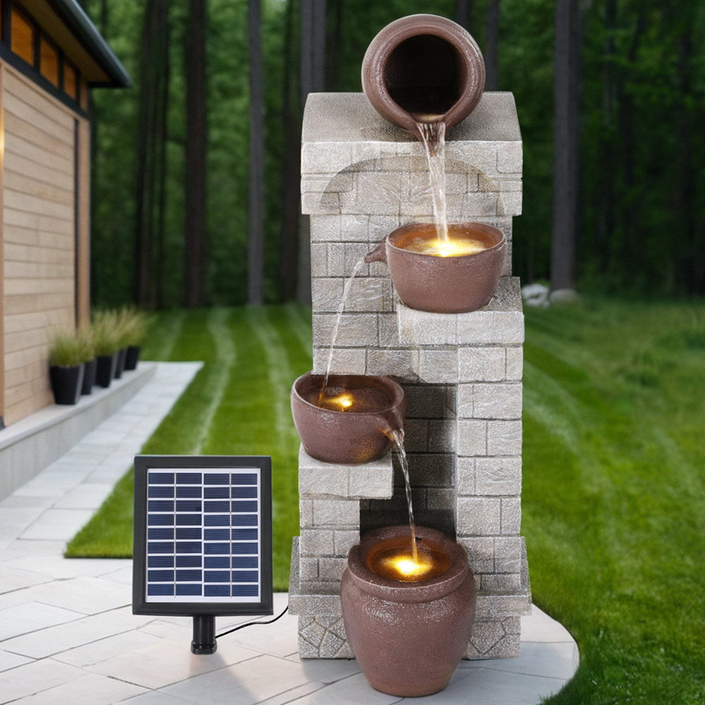 Gardeon Solar Fountain Water Feature  Pot Outdoor Indoor 4-Tier Cascading Brown-6