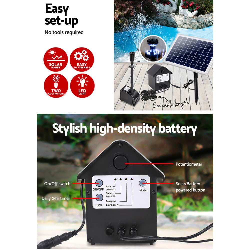 Gardeon Solar Pond Pump Submersible Water Fountain with Battery Kit LED Lights 6.6FT-3