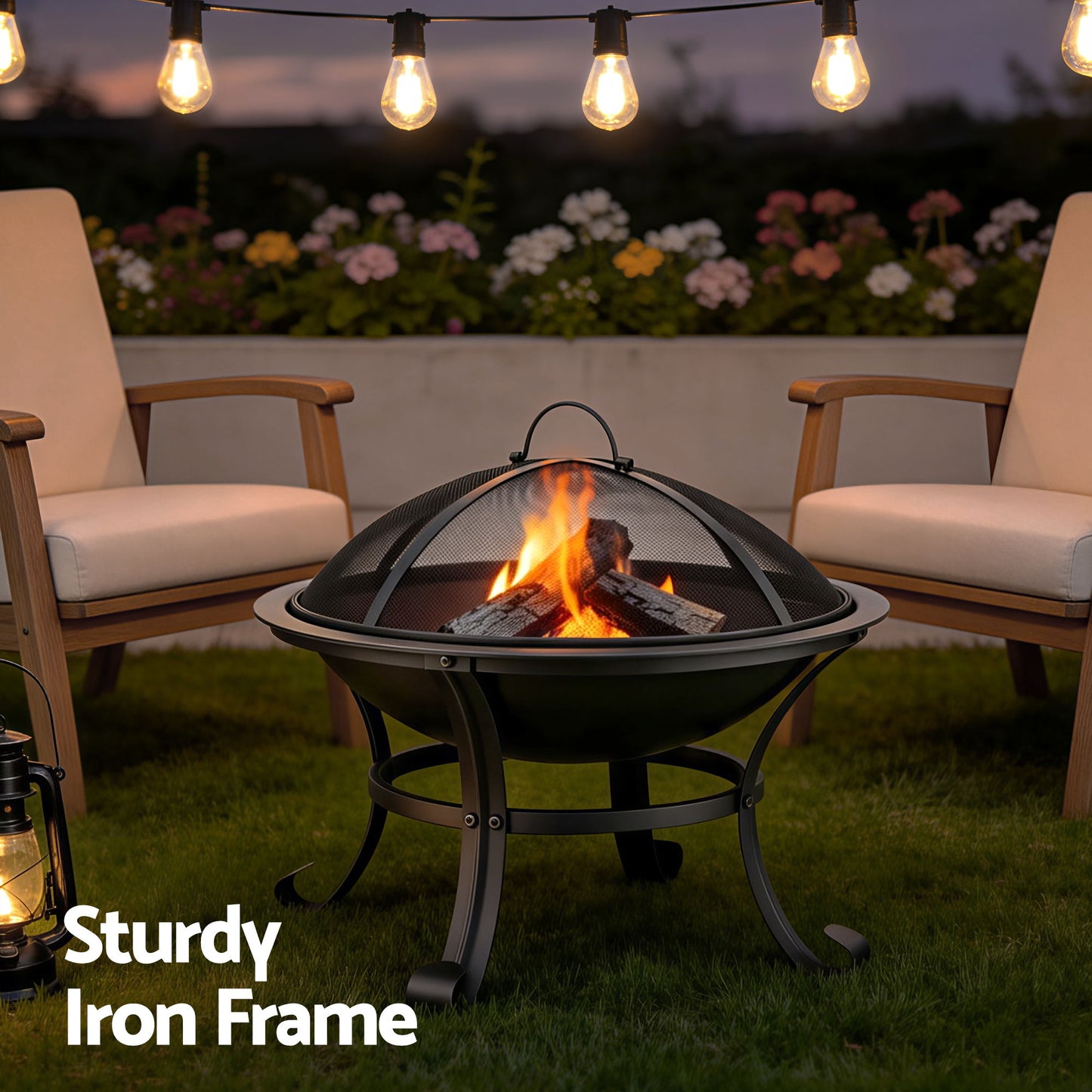 Grillz Fire Pit with Mesh Lid and Fire Picker BBQ Grill Wood Burning Outdoor Camping