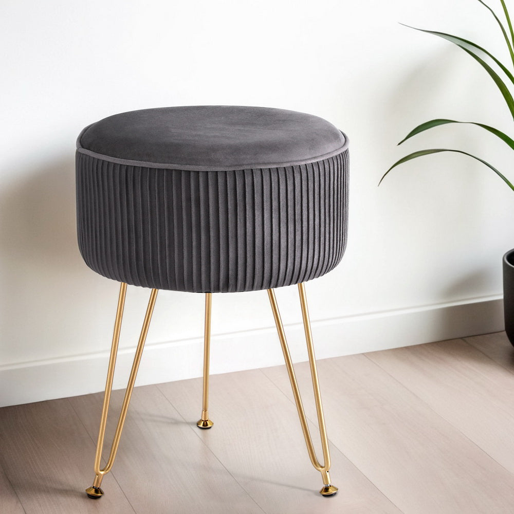 Artiss Ottoman Foot Stool Vanity Velvet Round Grey-6