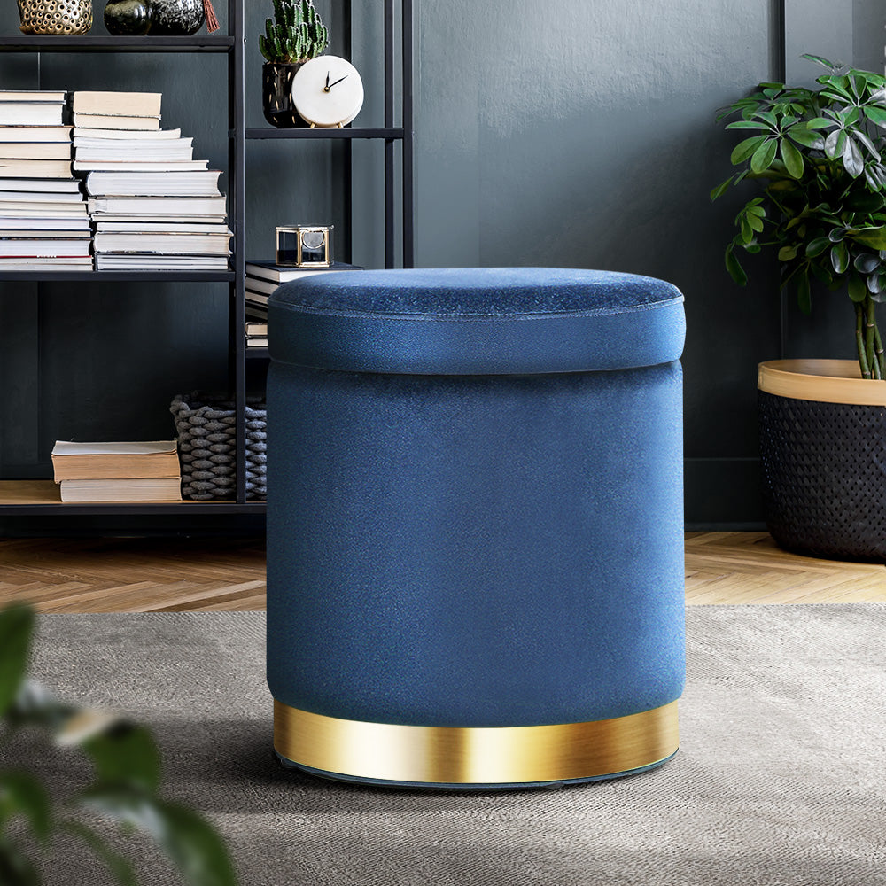 Artiss Ottoman Storage Foot Stool Round Velvet Navy-7