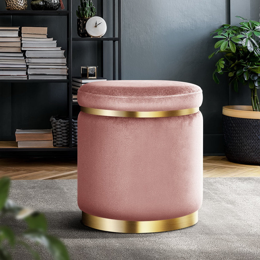 Artiss Ottoman Foot Stool Round Velvet Pink-7