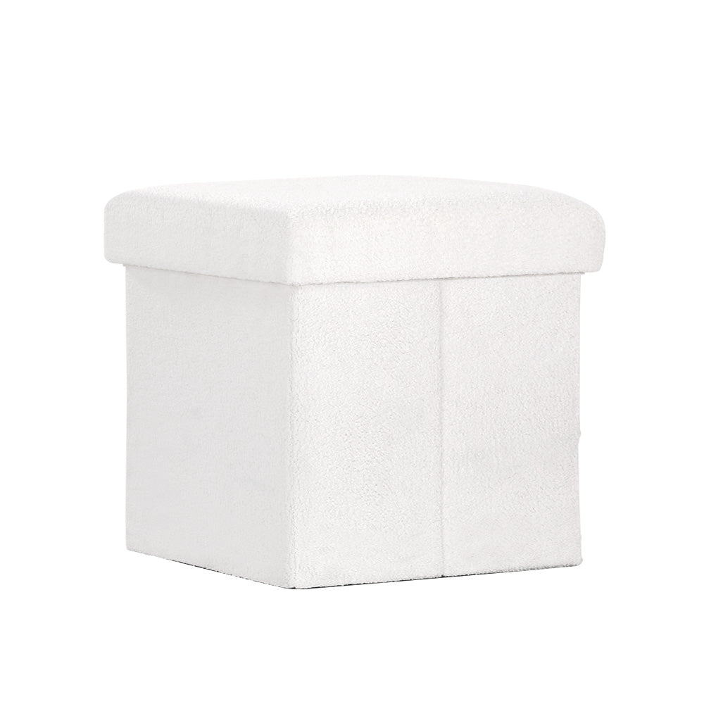 Artiss Ottoman Storage Foot Stool Square Teddy Fabric White-0