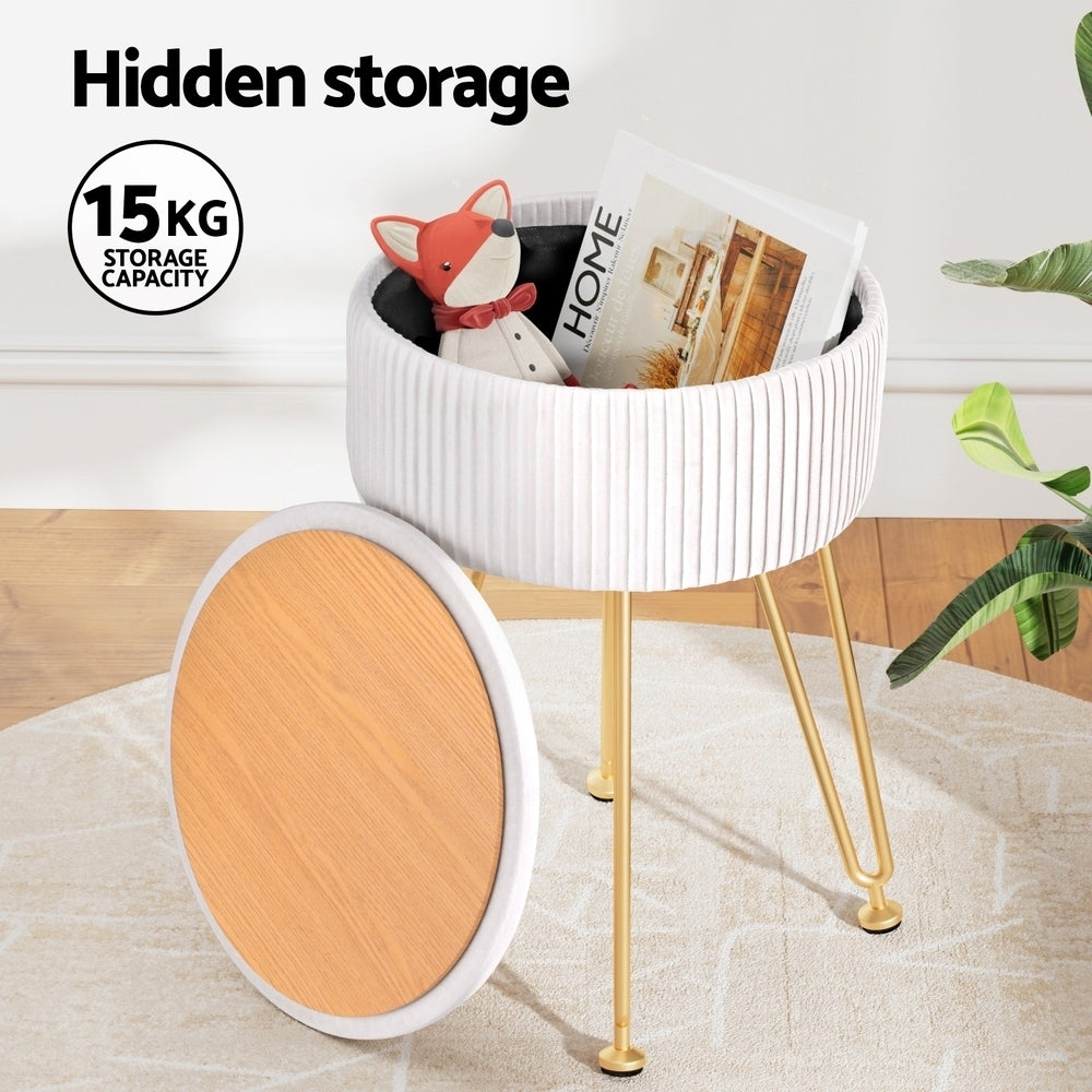 Artiss Ottoman Storage Foot Stool Vanity Velvet Round White-4