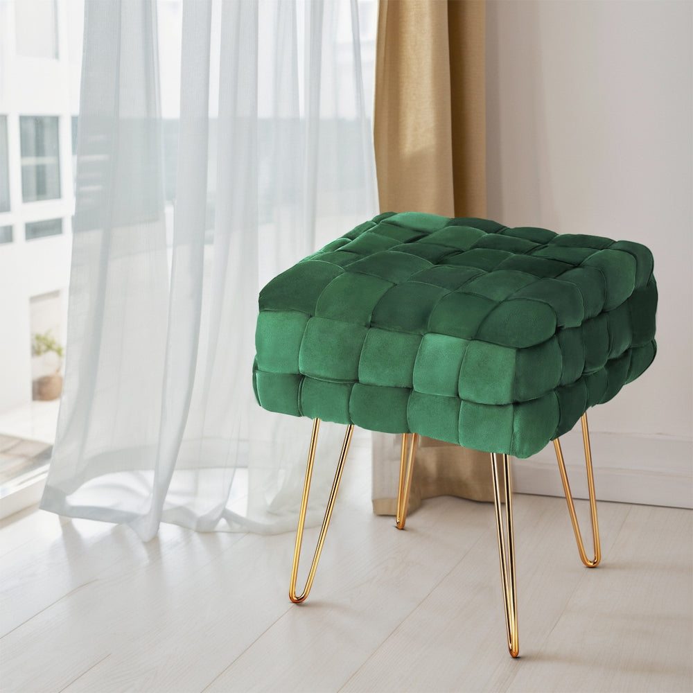 Artiss Ottoman Foot Stool Vanity Woven Velvet Green-5