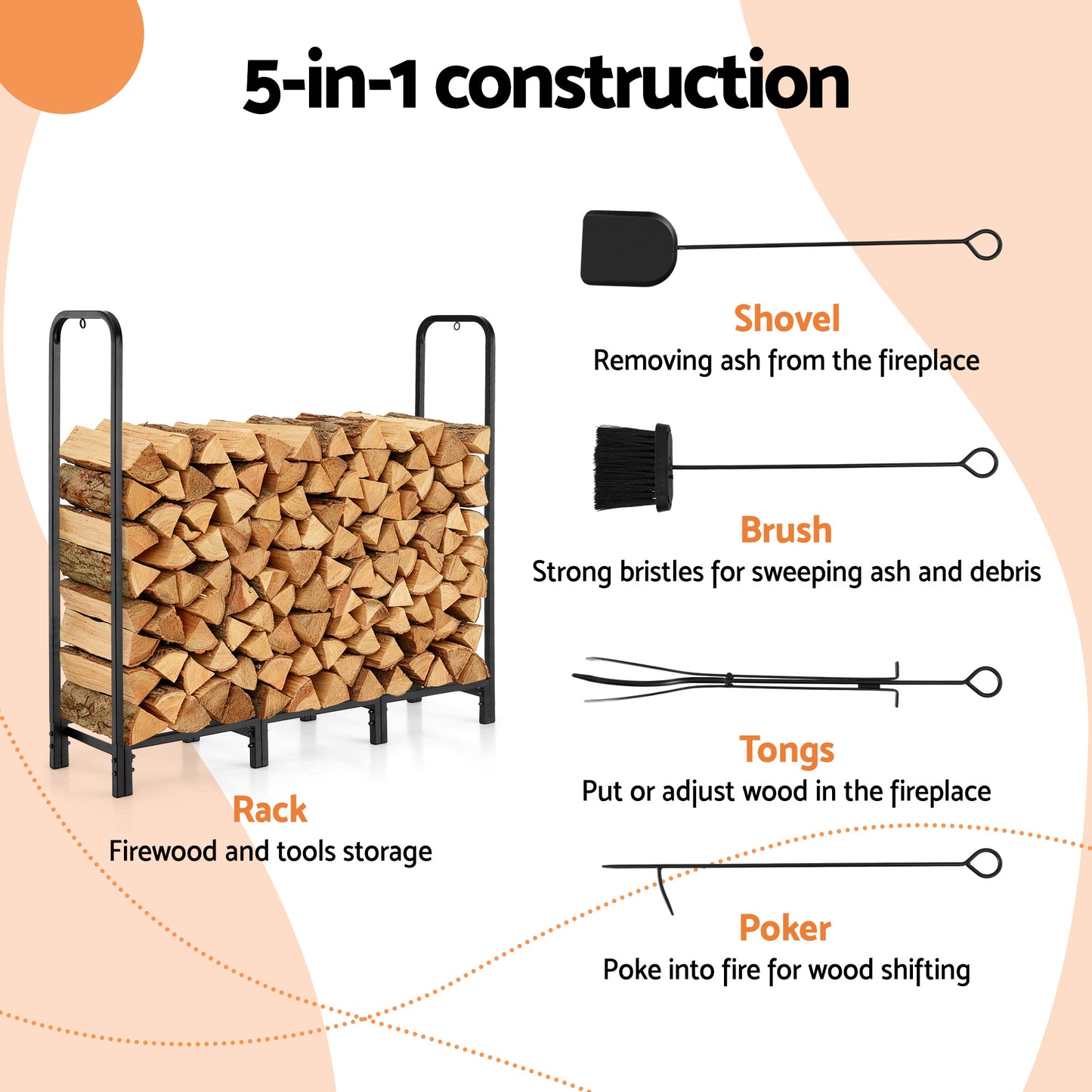 Gardeon Firewood Rack 120cm Wood Rack 3 Sizes Firewood Storage with Tools Black-3