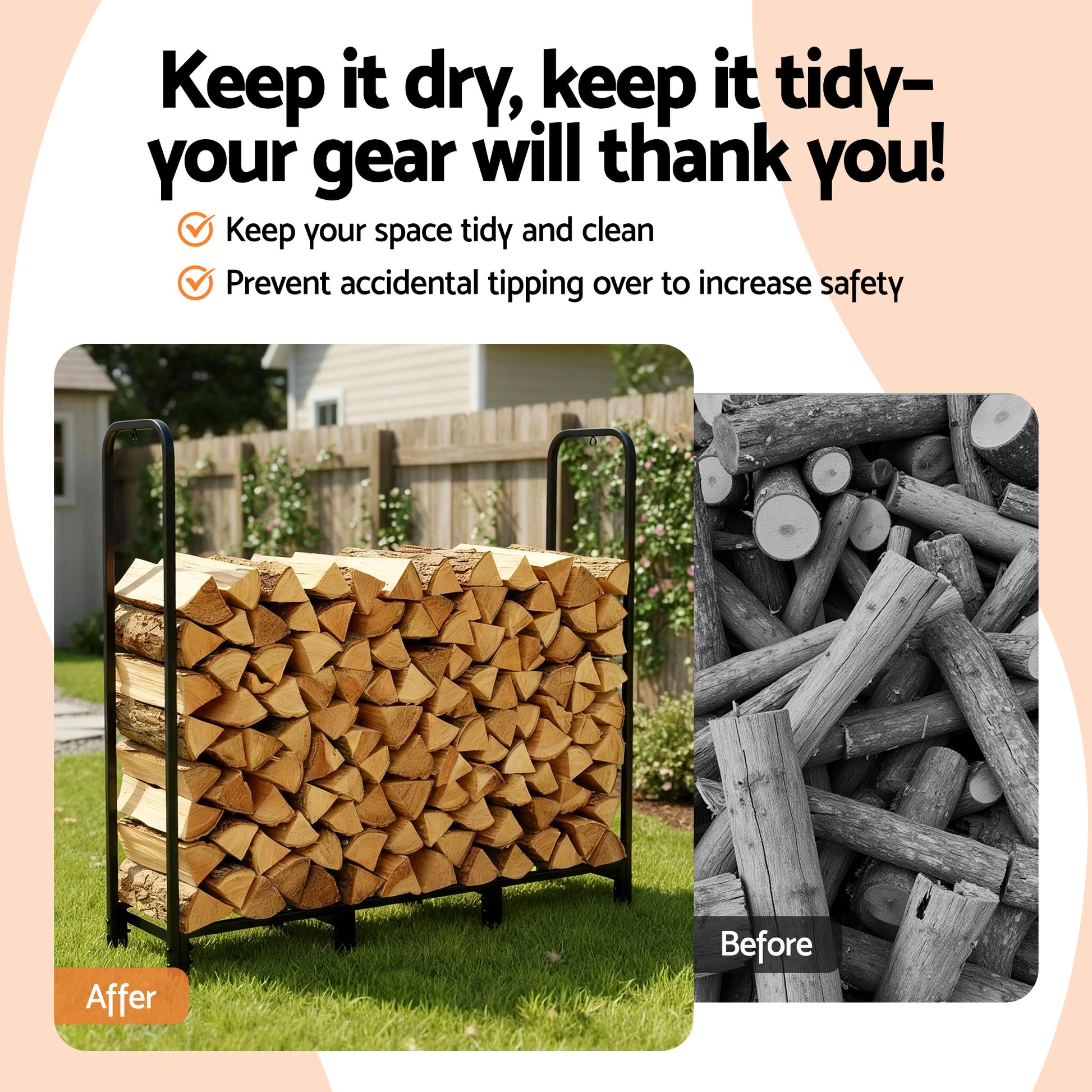 Gardeon Firewood Rack 120cm Wood Rack 3 Sizes Firewood Storage with Tools Black-5