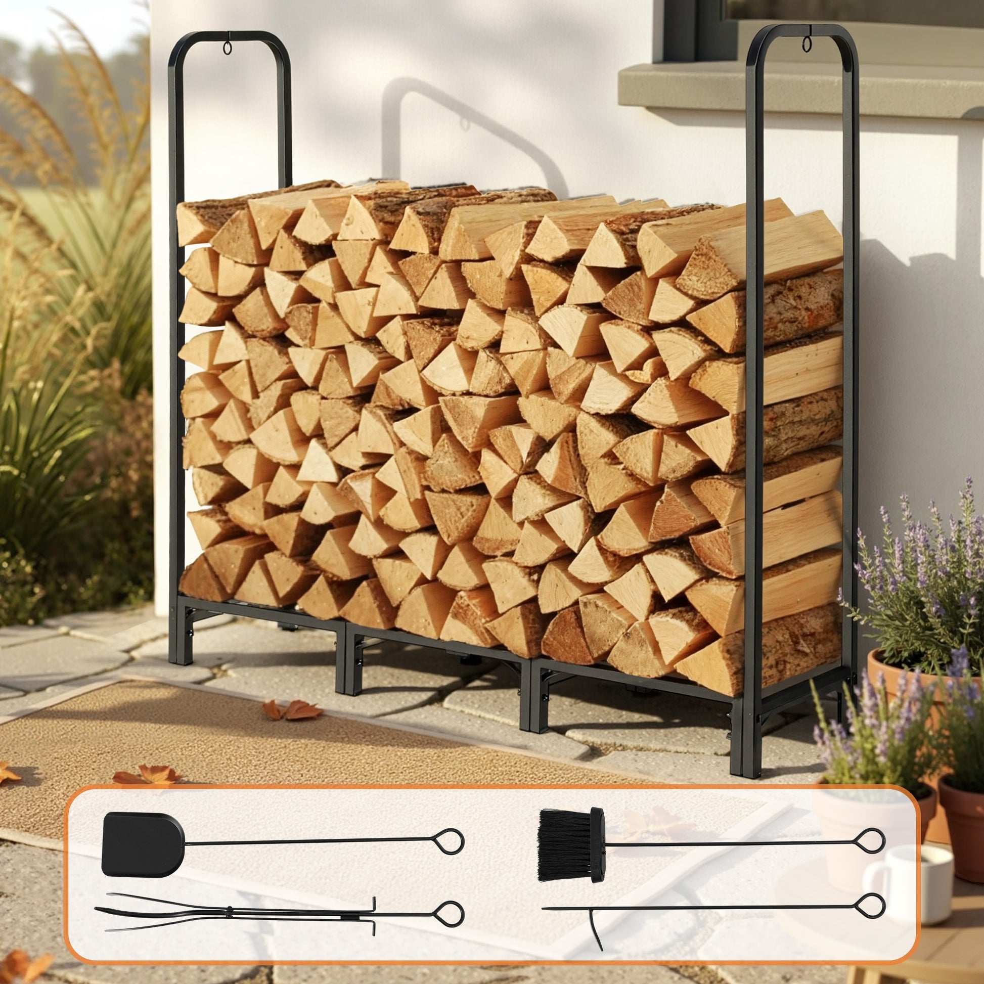 Gardeon Firewood Rack 120cm Wood Rack 3 Sizes Firewood Storage with Tools Black-6