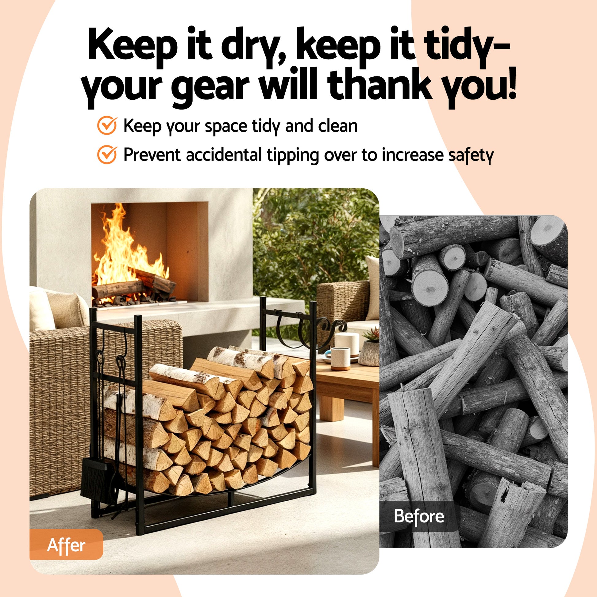 Gardeon Firewood Rack 84cm Wood Rack Firewood Storage Indoor Outdoor Black-4