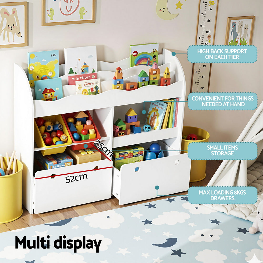 Keezi 3 Tiers Kids Bookshelf Storage Children Bookcase Toy Box Organiser Display White-5