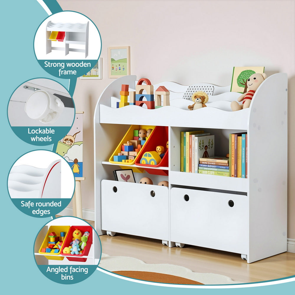 Keezi 3 Tiers Kids Bookshelf Storage Children Bookcase Toy Box Organiser Display White-6