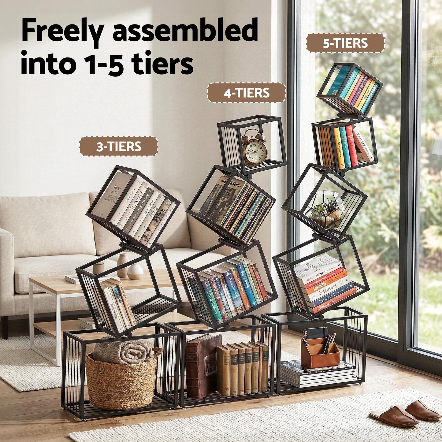 Artiss 5-Tier Bookshelf Metal Geometric Display Shelf Storage Organizer Black