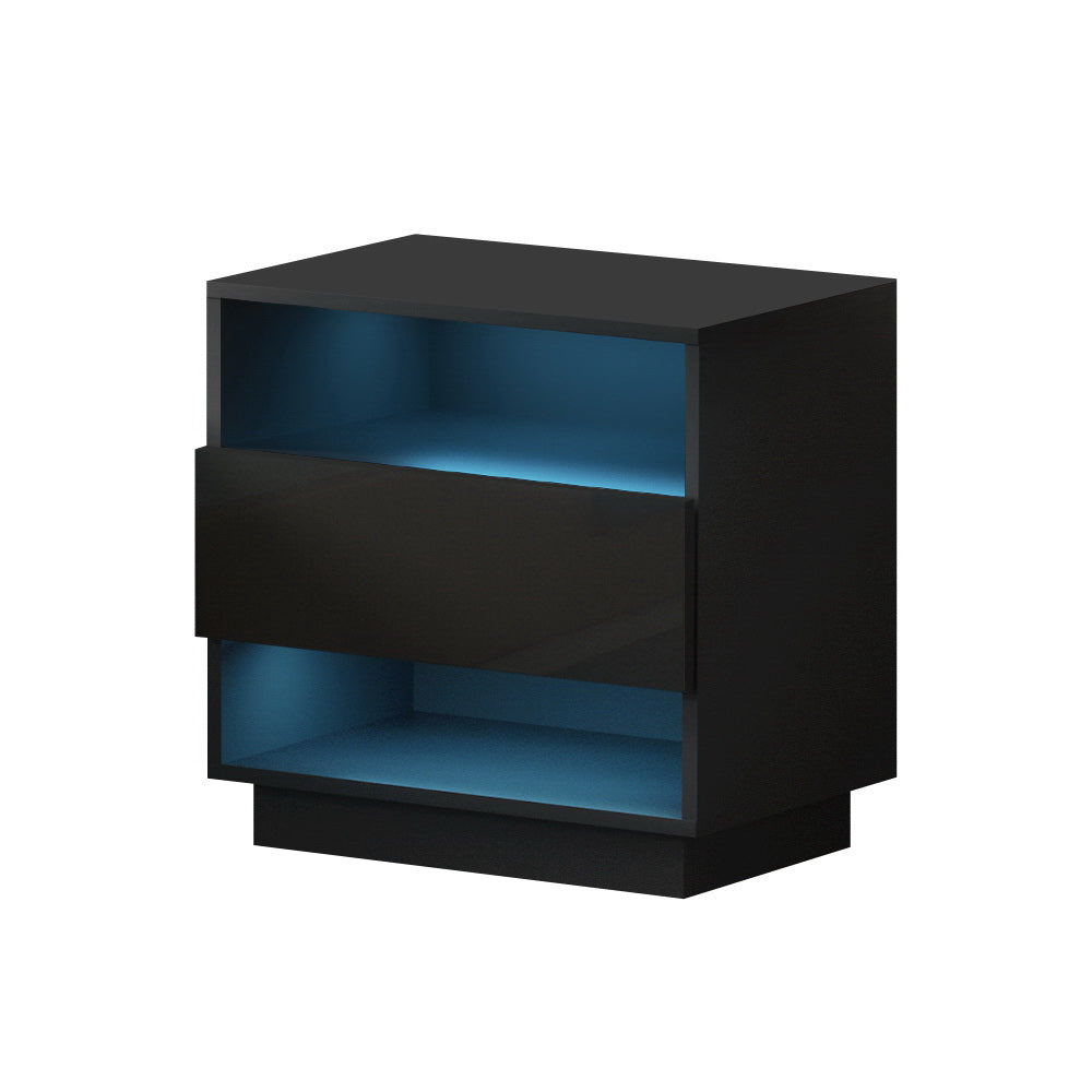 Artiss Bedside Table LED with 2 Shelves - HANA Black-0