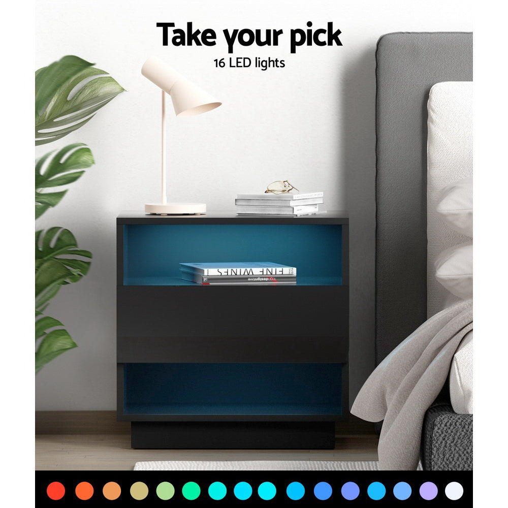 Artiss Bedside Table LED with 2 Shelves - HANA Black-3