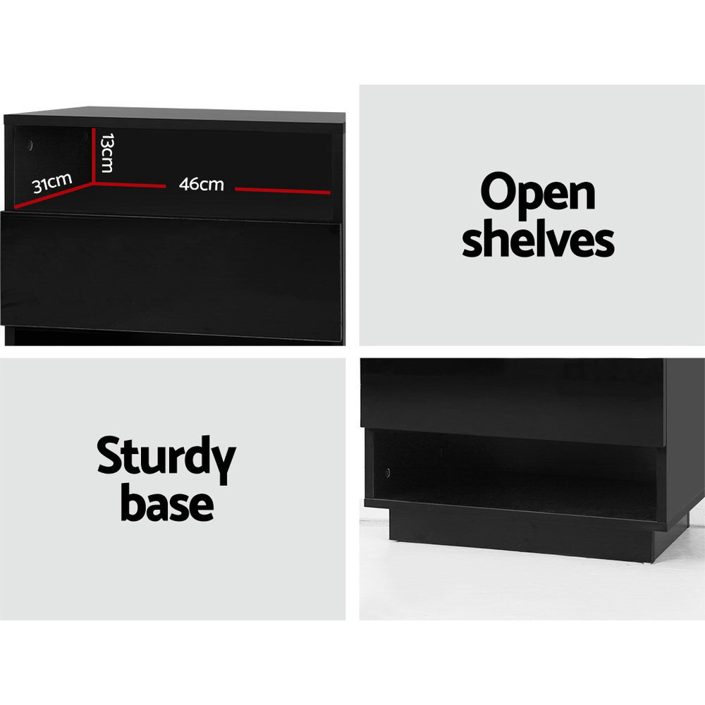 Artiss Bedside Table LED with 2 Shelves - HANA Black-4