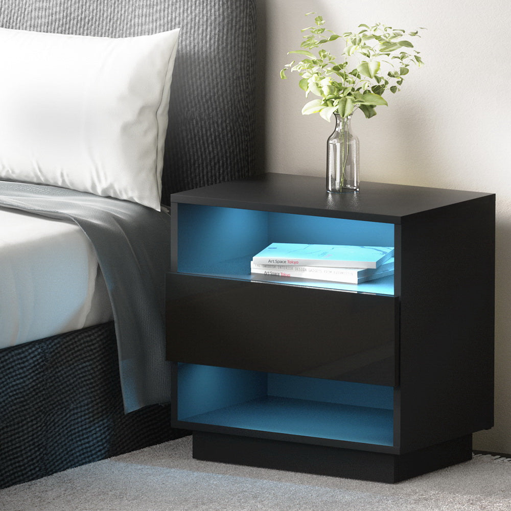 Artiss Bedside Table LED with 2 Shelves - HANA Black-6