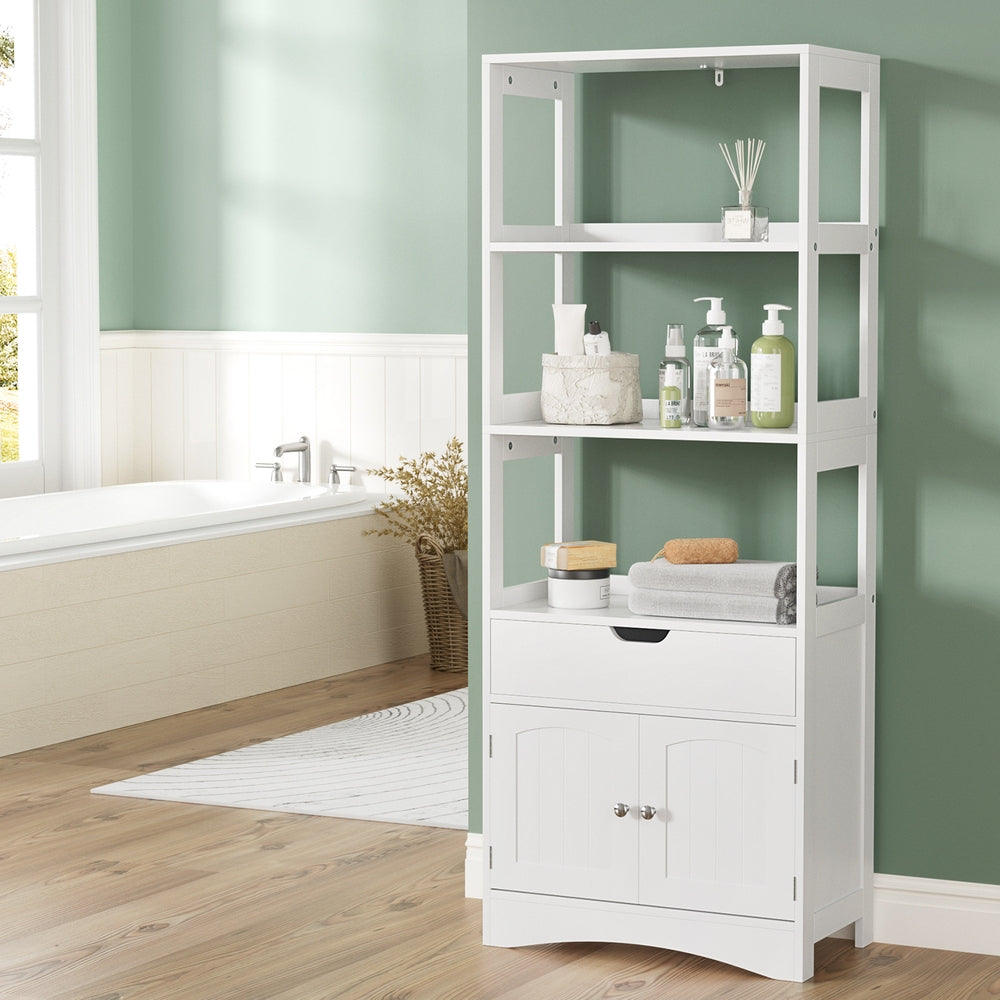 Artiss Bathroom Floor Storage Cabinet with 2 Drawers 3 Open Shelves 2 Doors White-6