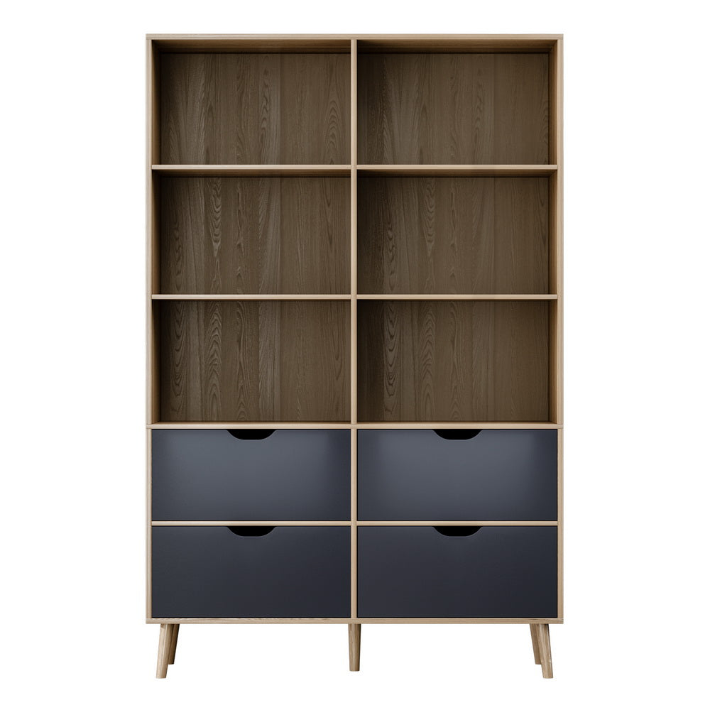 Artiss Bookshelf with 4 Drawers - MITZI Oak and Blue-2