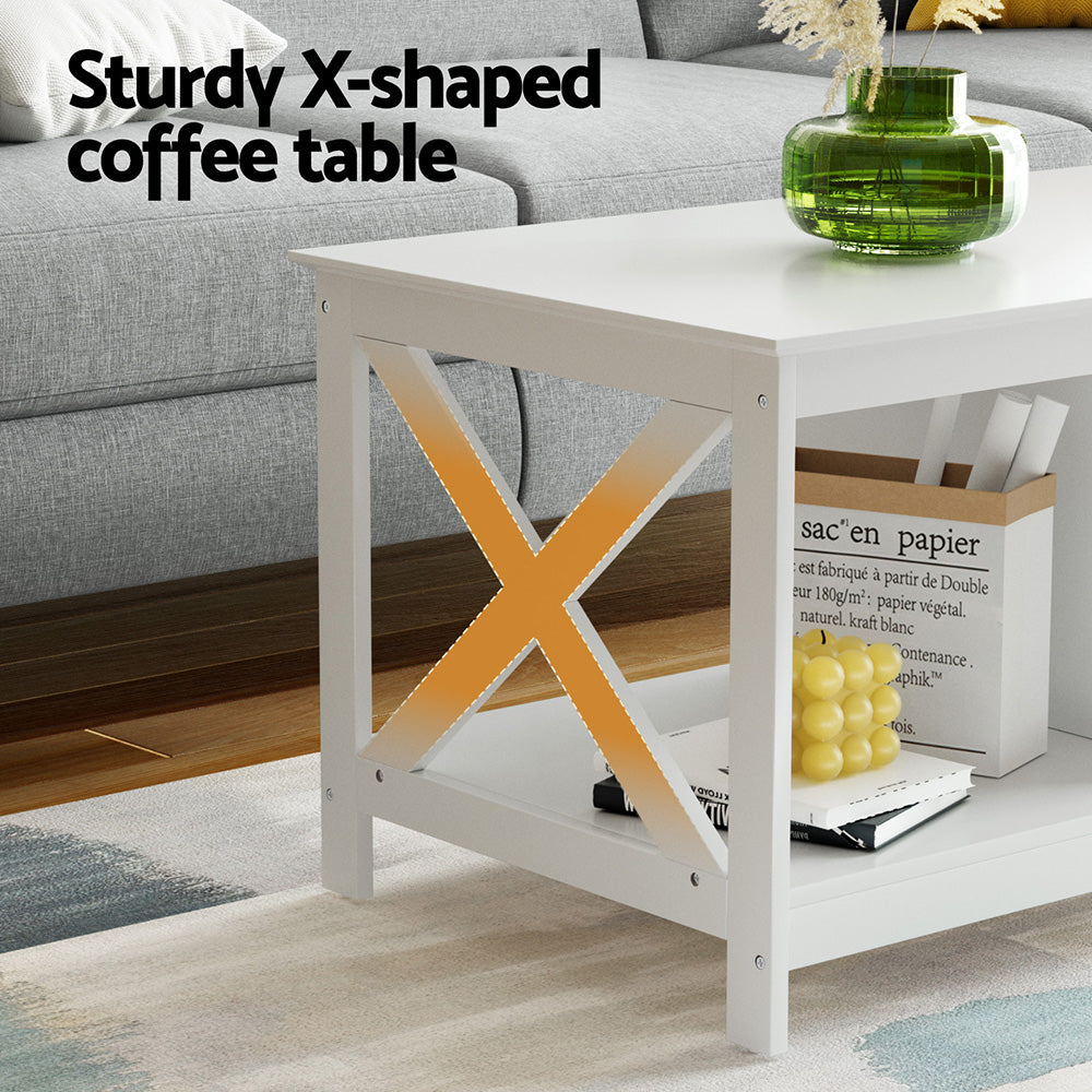 Artiss Coffee Table Storage Shelf White-3