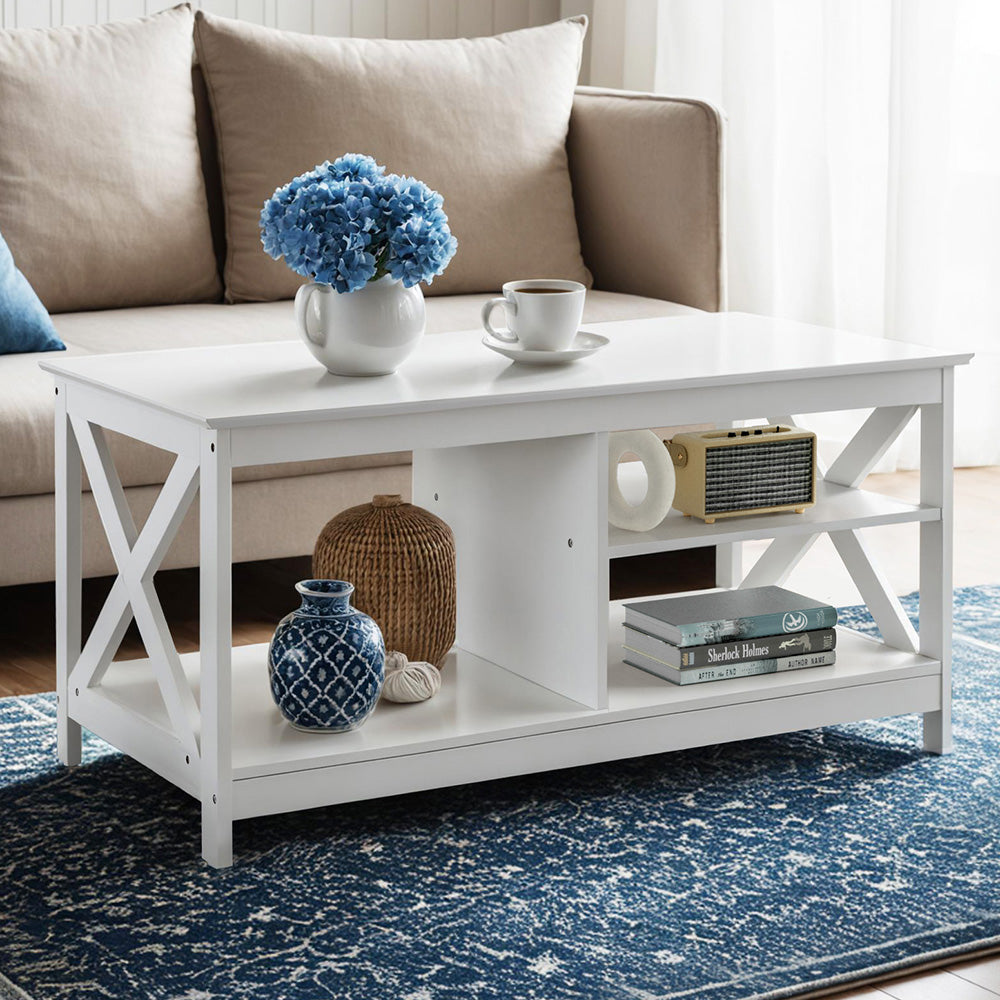 Artiss Coffee Table Storage Shelf White-6