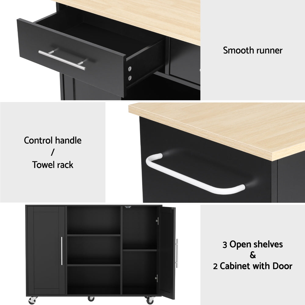 Artiss Kitchen Island Trolley Rolling Serving Cart Storage Drawer Cabinet 100cm Black-6