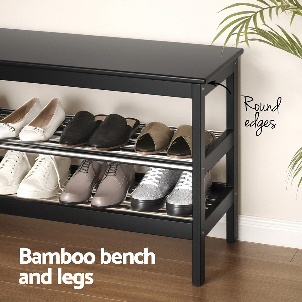 Artiss Shoe Rack Cabinet Bamboo Bench 10 Paris Black-4