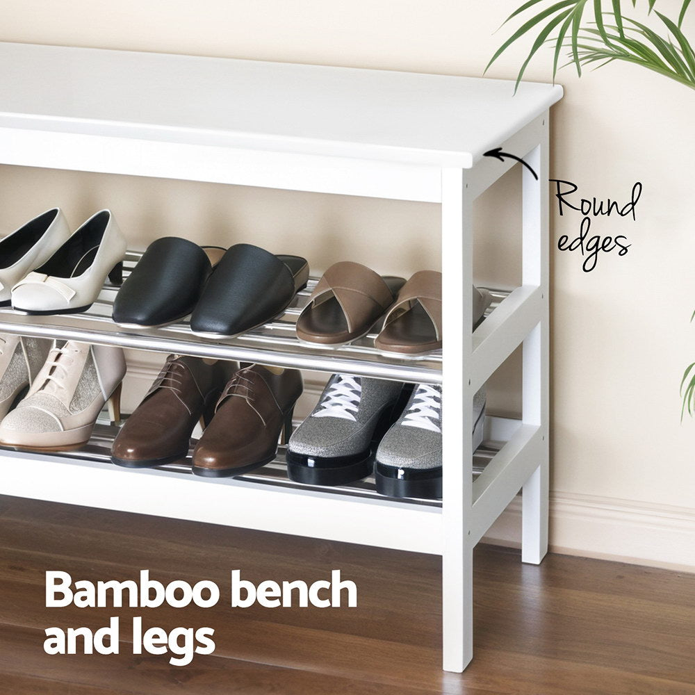 Artiss Shoe Rack Cabinet Bamboo Bench 10 Paris White-4